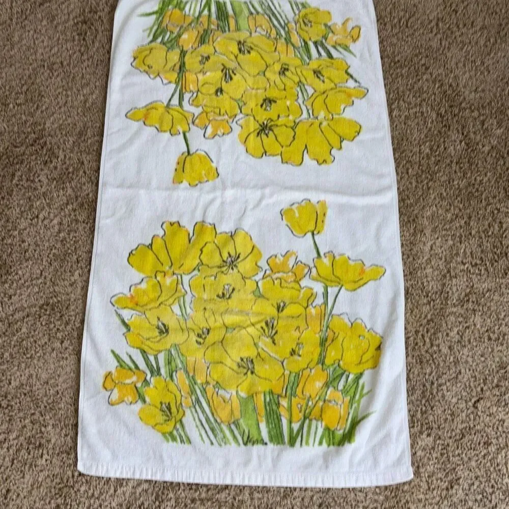Set 4 Vera Neumann Burlington Yellow 1970s Bath& hand towels flower daffodil MCM